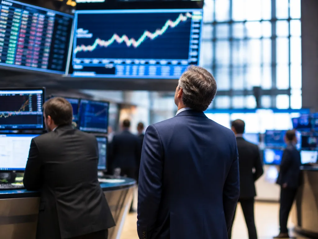 Börshall med kursskärmar och investerare som följer en börsnotering