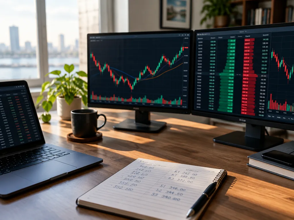Skrivbord med två skärmar som visar candlestick-diagram och orderdjup, en bärbar dator och ett anteckningsblock med kursnivåer