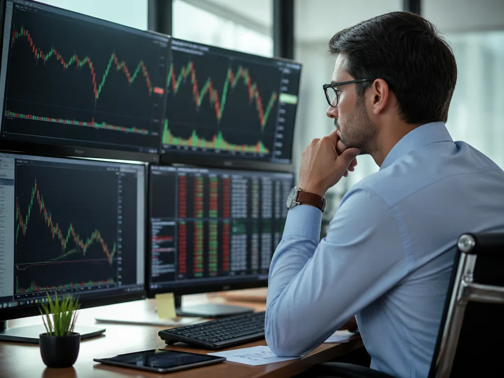 Förvaltare som analyserar grafer och marknadsdata på flera skärmar på ett kontor