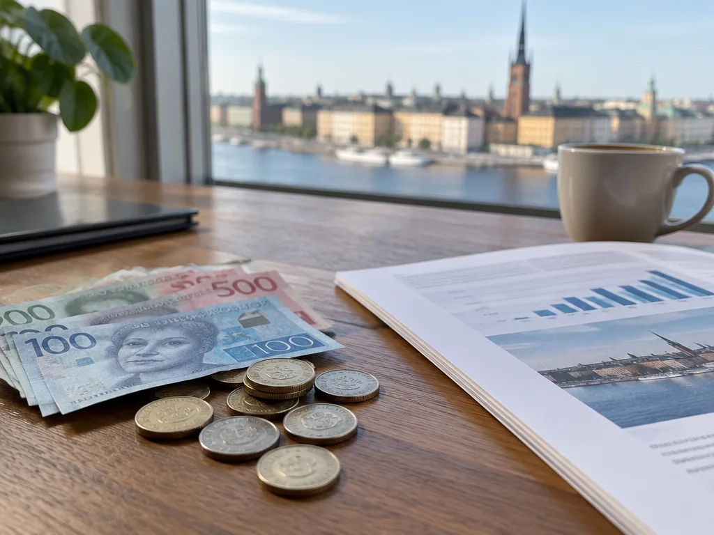 Svenska sedlar och mynt på ett skrivbord bredvid en årsredovisning och en kaffekopp, med utsikt över Stockholm