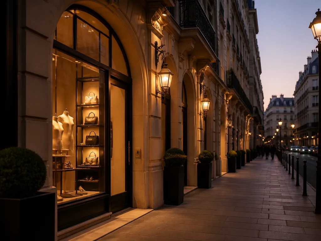 Elegant butiksfasad på en parisisk shoppinggata i skymningsljus med varmt fönsterljus