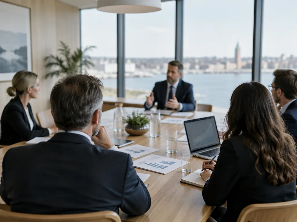 Investerare och bolagsledning i ett styrelsemöte runt ett långt träbord med rapporter och en bärbar dator, med utsikt över vattnet