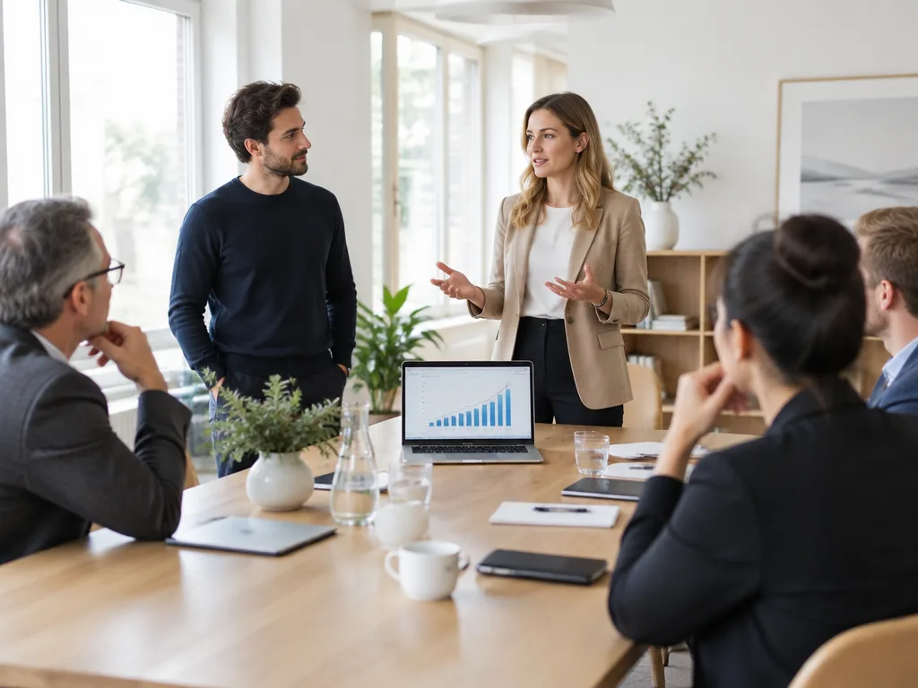 Ett litet startupteam presenterar en affärsidé för investerare runt ett mötesbord i ett ljust kontor