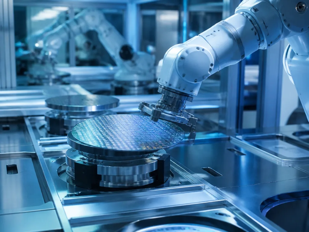 Halvledarfabrik med robotarmar och rena rum där avancerade mikrochip tillverkas i blått industriellt ljus